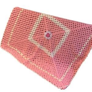 Handmade Pre-Loved Pastel Pink White Crocheted Baby Blanket Afghan Throw